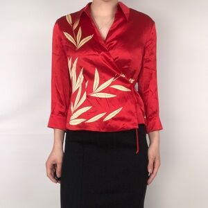 NWOT Vintage Y2K ICE Silk Wrap Waist V Neck‎ Collared Botanical Blouse Size M